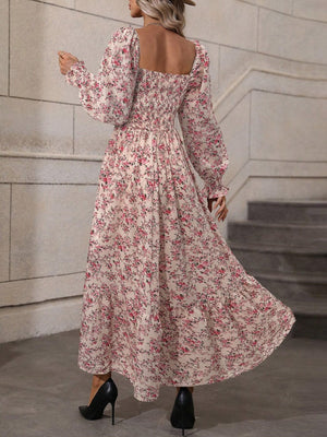 Floral Long Sleeve Square Collar Vacation And Leisure Maxi Dresses