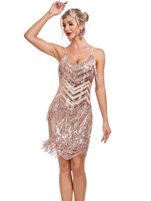 Pink Sequins Flowing Water Color Matching Suspenders Mini&Short Dresses