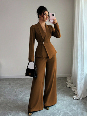 Long Sleeve Single Buckle Blazers Straight-leg Pants 2-piece Sets