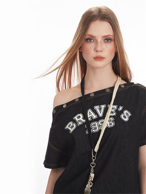 Liber Summer Women's Buttons Letters/Numbers/Words T-shirts