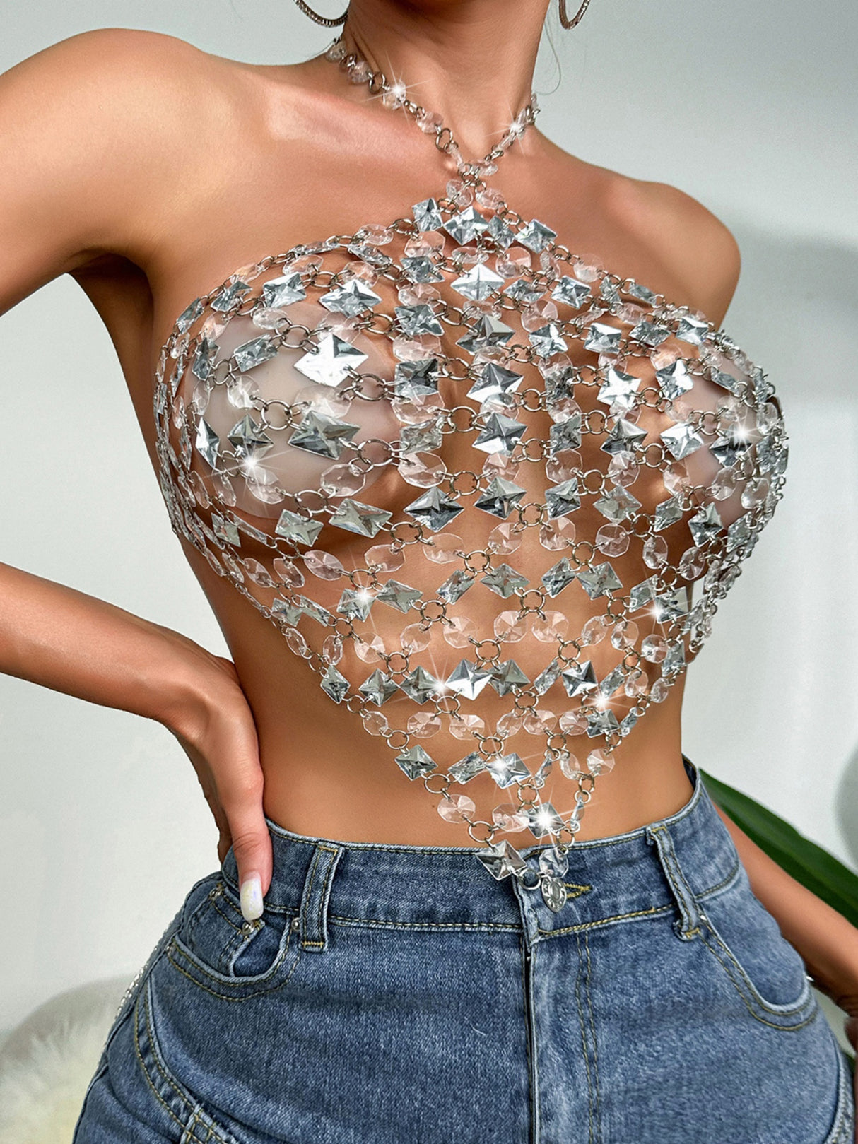 Diamond-studded Openwork Chain Splicing Halter Neck And Backless Tank Tops&Camis