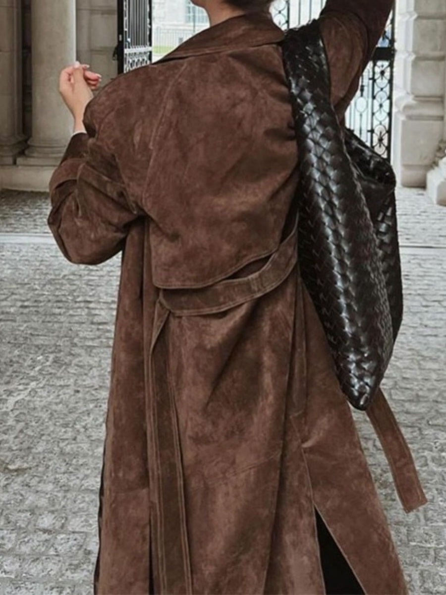 Long Suede Trench Coats Belt Pocket Grace Workplace Everyday Coat