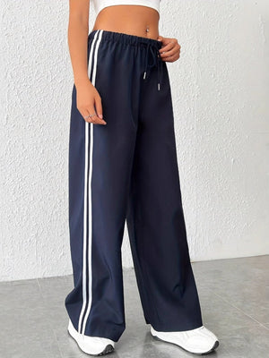 Side Stripes Elastic Waist Drawstring High Waist Casual Straight-leg Sports Trousers