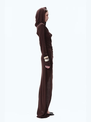 Padded-shoulder Hooded Slit Maxi Skirt
