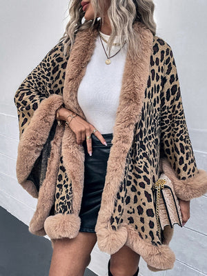 Leopard Print Shawl With Fur Collar Cloak Cardigans