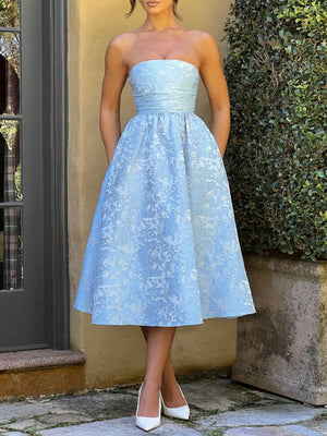 Pleating Jacquard Of Plants And Flowers Tube Top Maxi Dresses