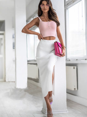 Rib Slits Buttons Skirts