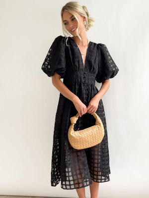 Checkered Sheer Fabric Puff Sleeve Long Dress