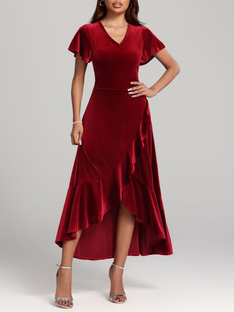 Large Velvet V-neck Flying Sleeves Irregular Hem Long Dress