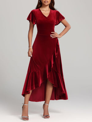 Large Velvet V-neck Flying Sleeves Irregular Hem Long Dress