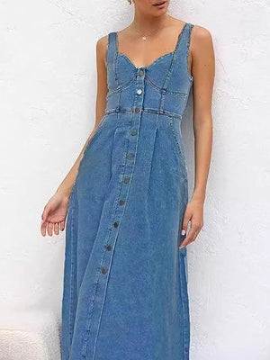 Blue Denim Distressed Overalls, Single-breasted Button Midi Dress