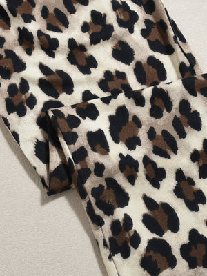 Liber Leopard Print Hip Wrap Square Collar Bell-bottoms Long-sleeved Bodysuit/pants