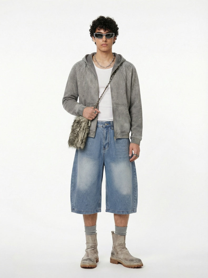 Light Blue Scattered Diamonds Washed Distressed Denim 7 Points Shorts