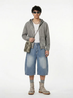 Light Blue Scattered Diamonds Washed Distressed Denim 7 Points Shorts