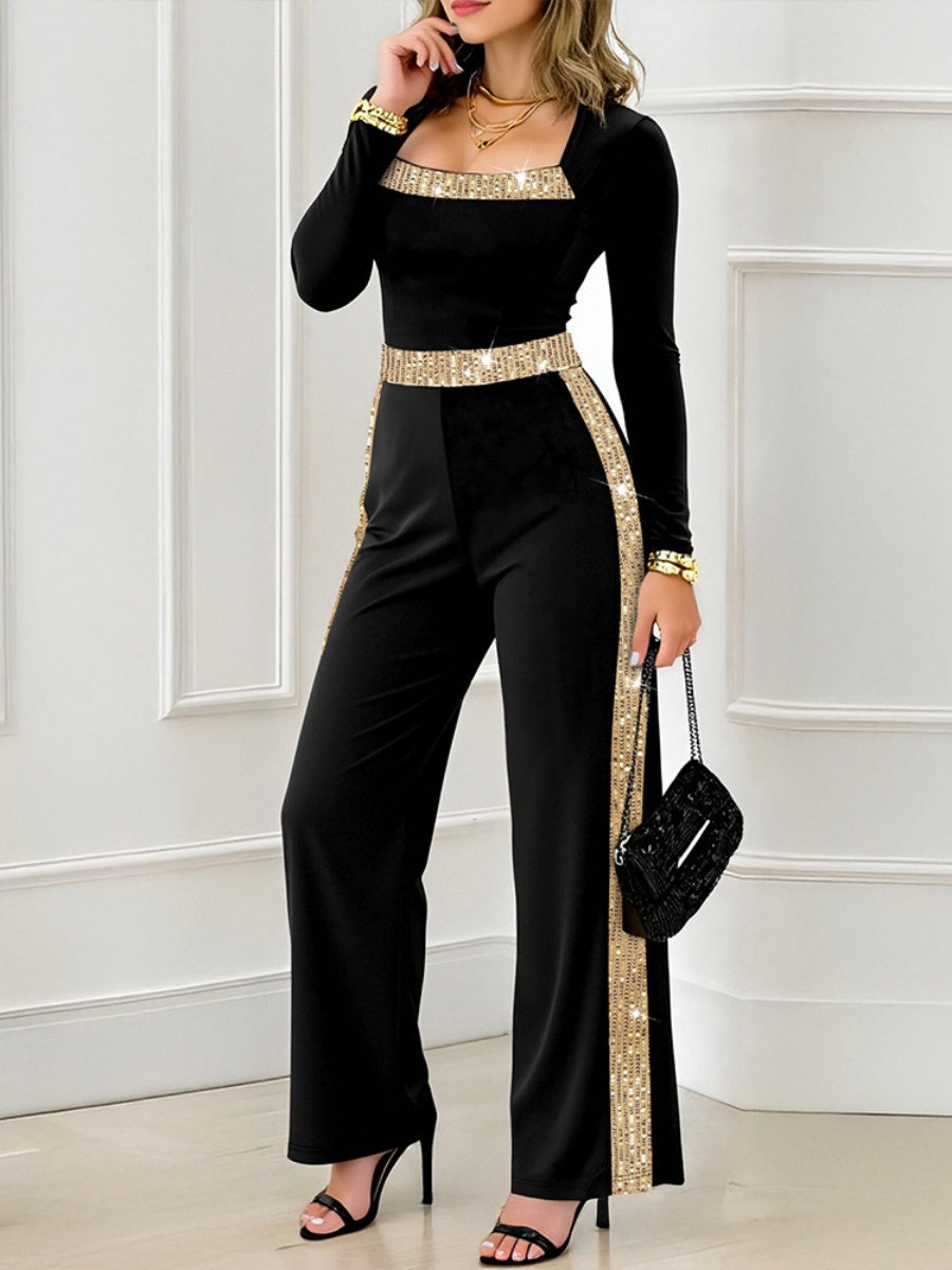 Sequined Black Square Neck Slim Waist Jumpsuit