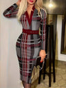 V-neck Hip-hugging Belts Plaid Midi Dresses