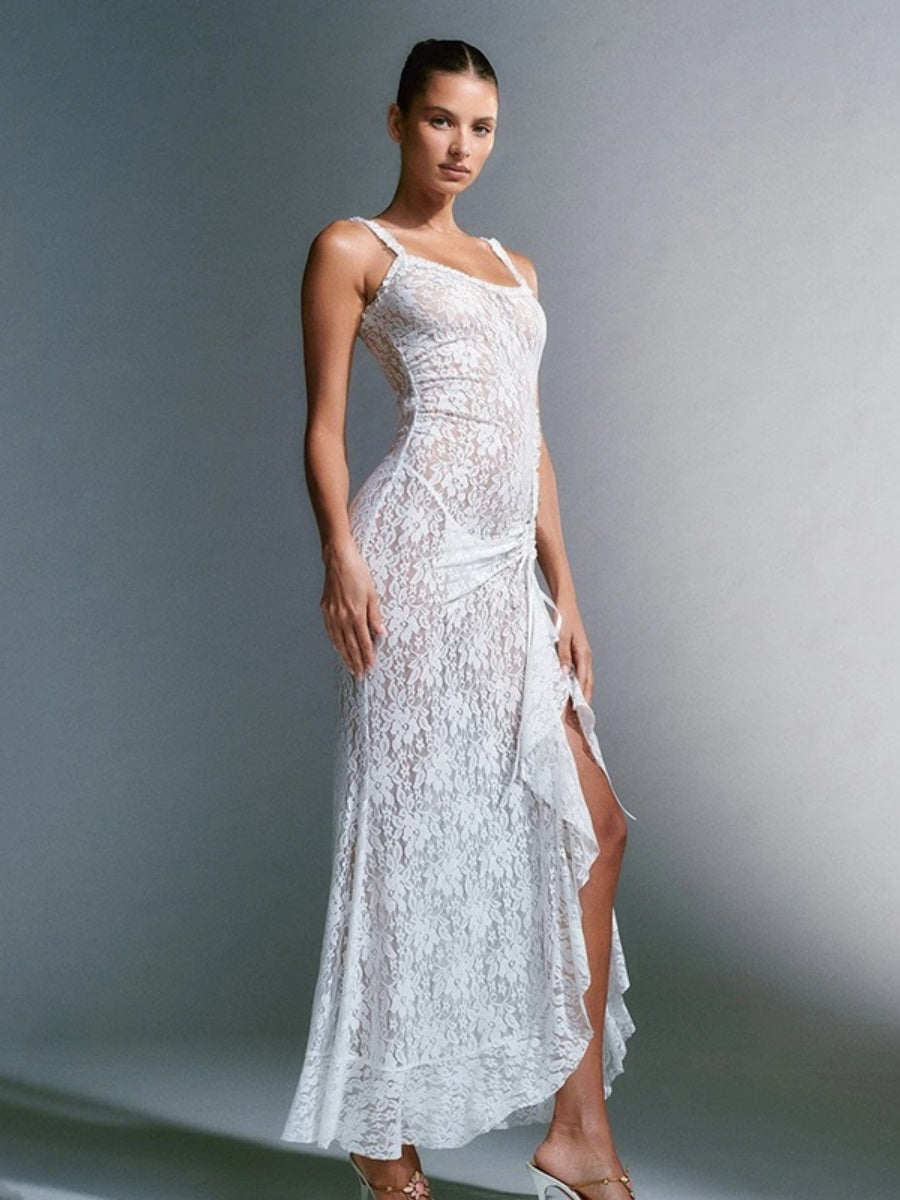 White Halter-neck Lace See-through Ruched Long Dress
