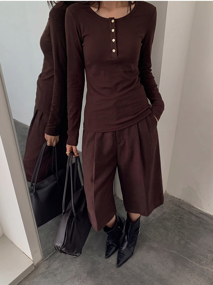 Korean Style Henley Collar Top With Straight Shoulders