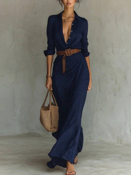 Solid Color Irregular Folds With Belt Maxi Dresses