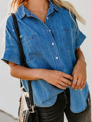 Denim Lapel Pocket Buttons Short-sleeved Shirt