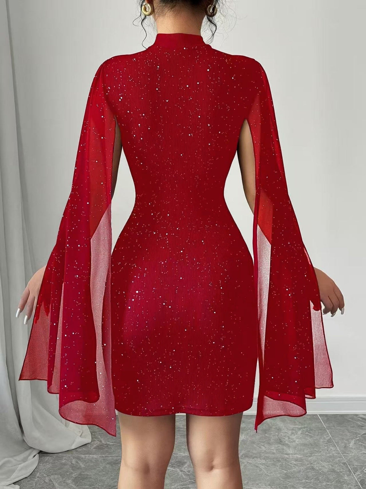 Turtleneck Sequins Chiffon Cape Lantern Sleeve Short Dress