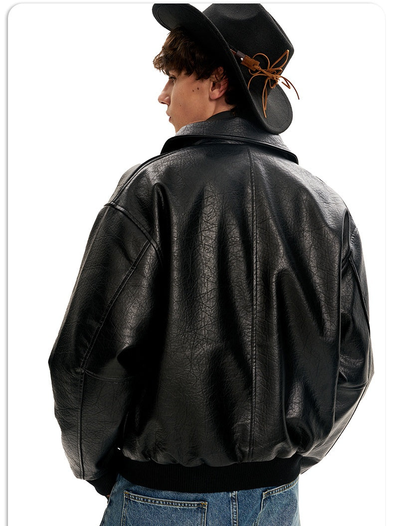 Retro Black PU Locomotive Short And Wide Boxy Jackets