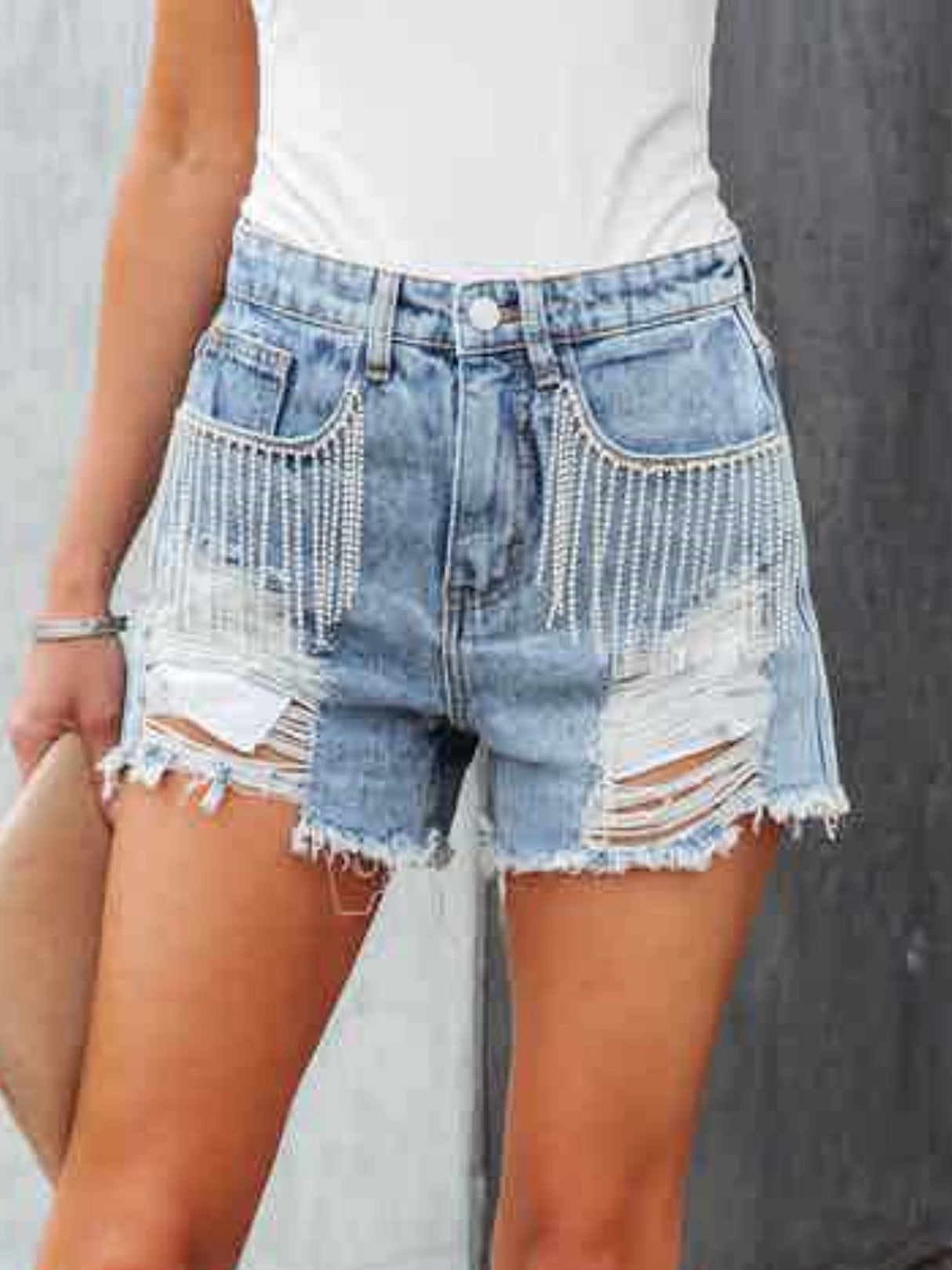 Chain Tassel Hole Washed Denim Shorts