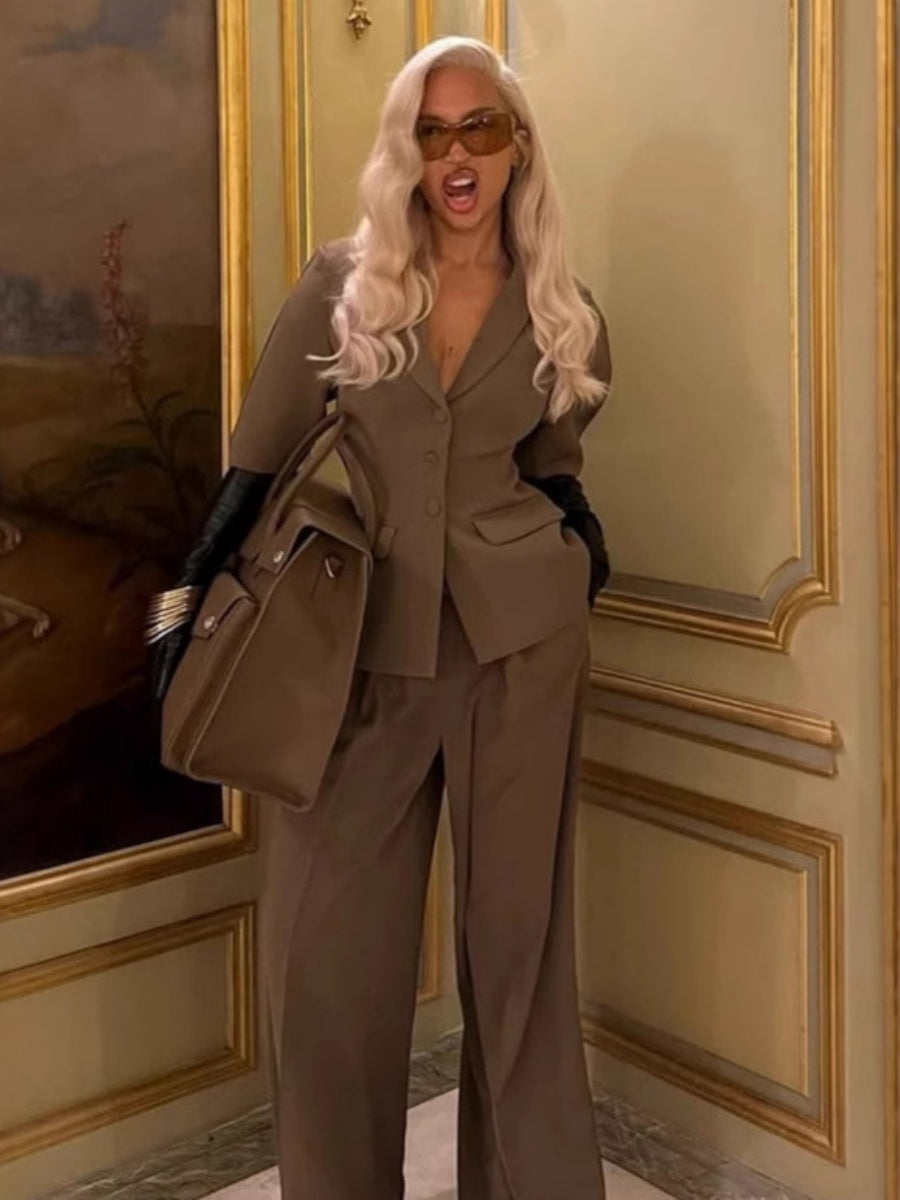 Brown Pleats Short-sleeved Suit Trousers 2-piece Sets