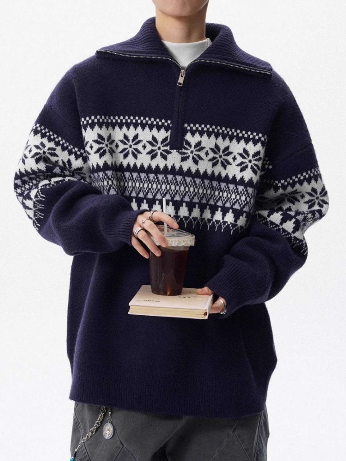 Fair Isle Jacquard Half Zipper Turtleneck Sweaters