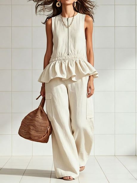 Sleeveless Pleated Vest And Wide-leg Trousers Two-piece Set