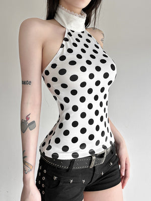 Polka Dots Halter Neck Waist Shaping Lace Patchwork Trim Tank Tops&Camis