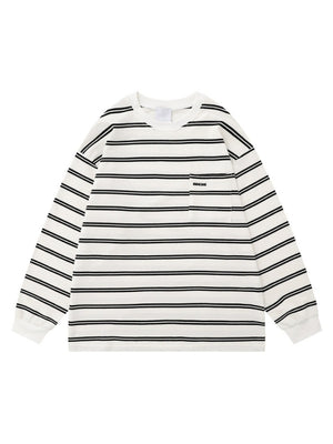 Stripes Color-blocked Embroidery Pocket Loose-fit T-shirts