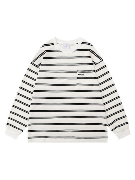 Stripes Color-blocked Embroidery Pocket Loose-fit T-shirts