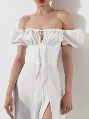 Square Collar Bandage Puff Sleeve Slit Midi Dresses