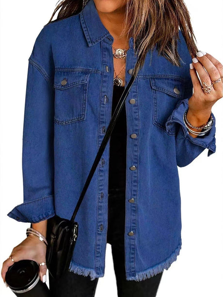 Denim Jacket With Frayed Pockets And Button Details