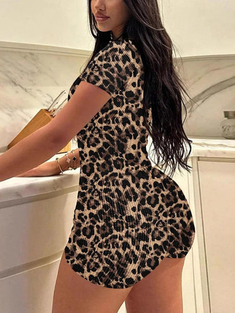 Leopard Print Short-sleeved V-neck Tight-fitting And Butt-lifting Jumpsuits
