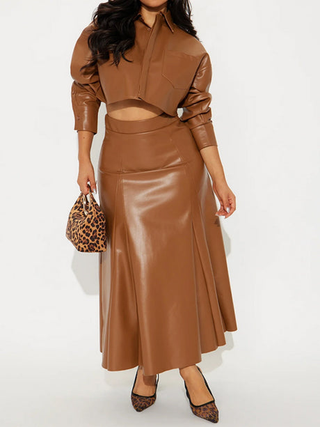 Leather Lapel Pocket Short Jacket Zipper Front Opening Full-length Skirt 2-piece Sets