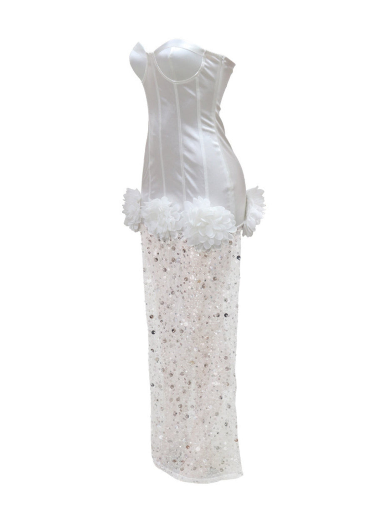 Robe de soirée à sequins et fleurs 3D, jupe en résille, robe moulante bustier maxi