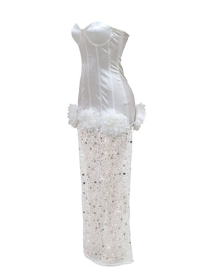 Robe de soirée à sequins et fleurs 3D, jupe en résille, robe moulante bustier maxi