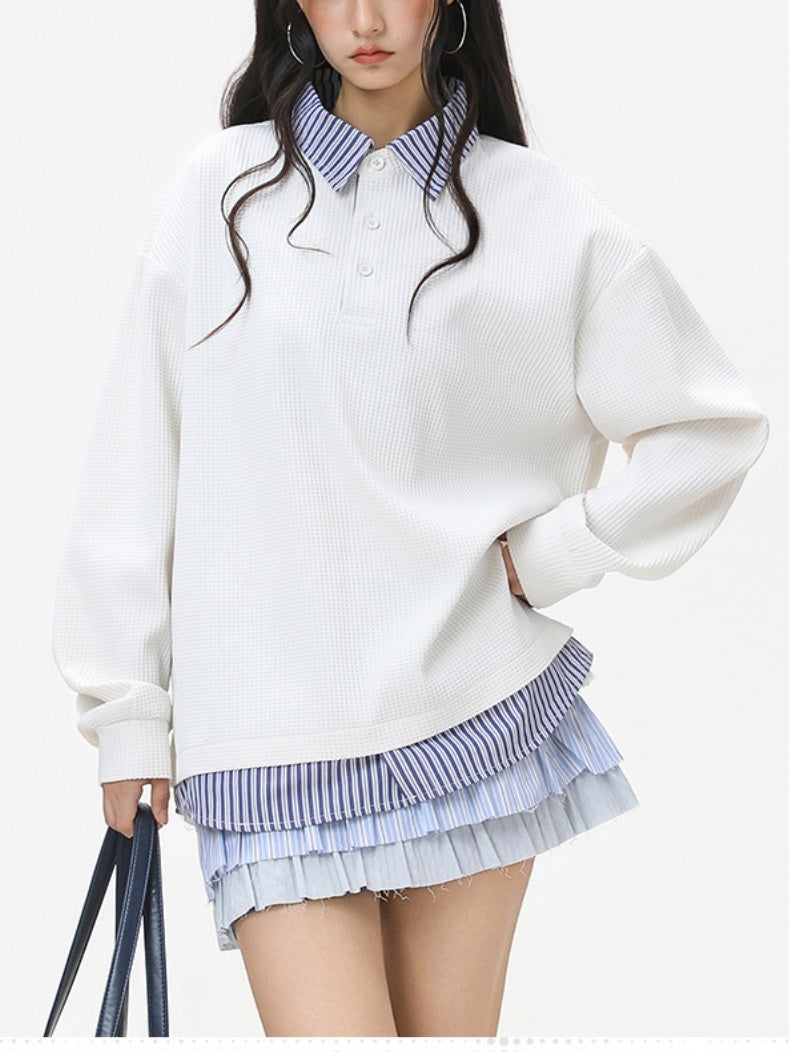 Layered-look Stripes Patchwork Color-blocked Sweatshirts&Hoodies