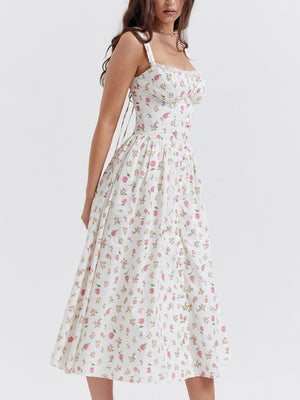 Floral Lace Trim Square Neck Suspenders Sweet Ribbon Maxi Dresses