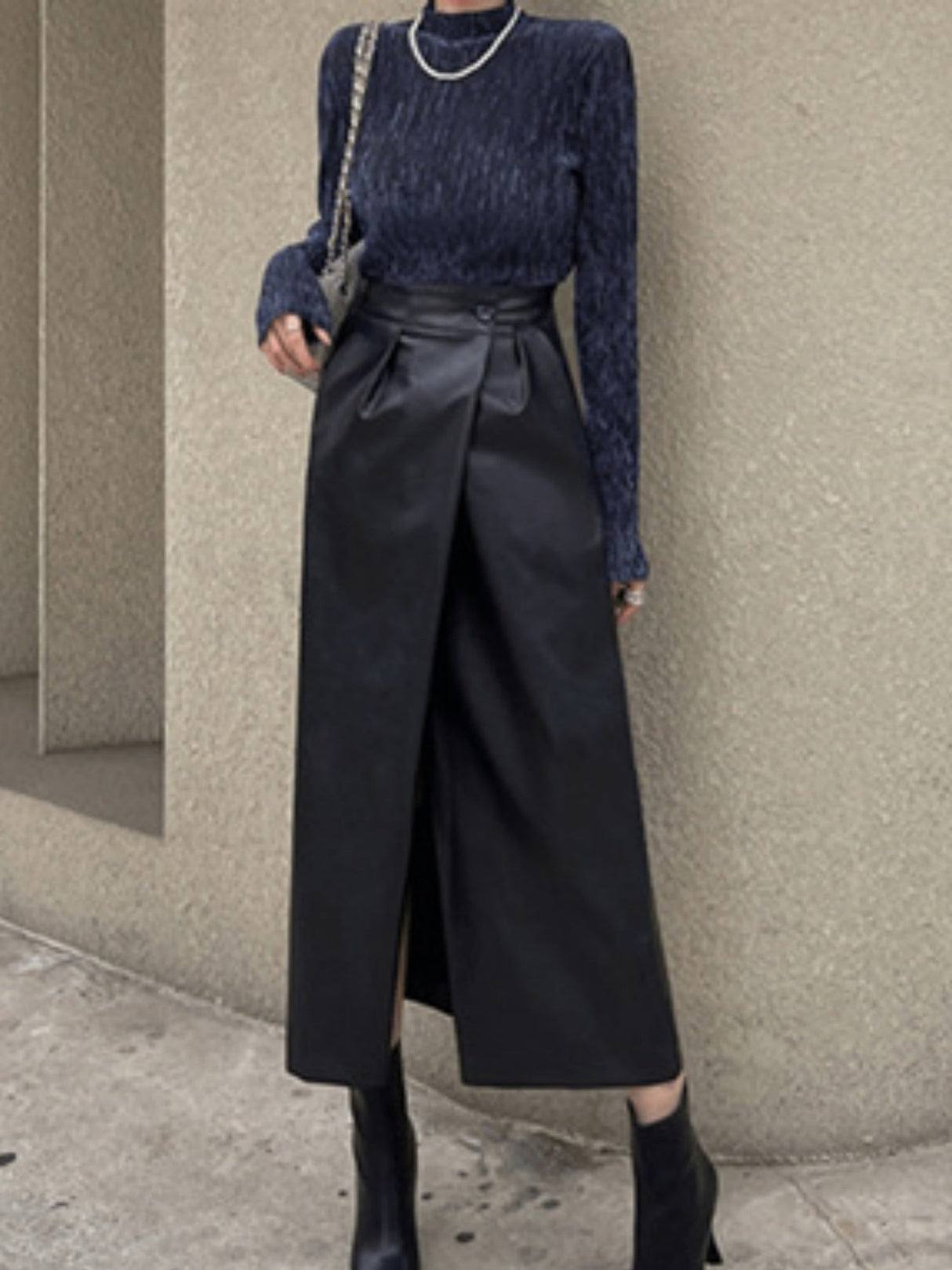 Leather Stitching Buttons Pleated High-waisted Side Slit Long Skirts