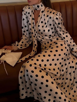 Puff Lantern Sleeves Retro Hip-hugging Grace Polka Dots Maxi Dresses