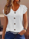 Jacquard Hollow Out Lotus Leaf Sleeves Buttons Crew Neck T-shirts