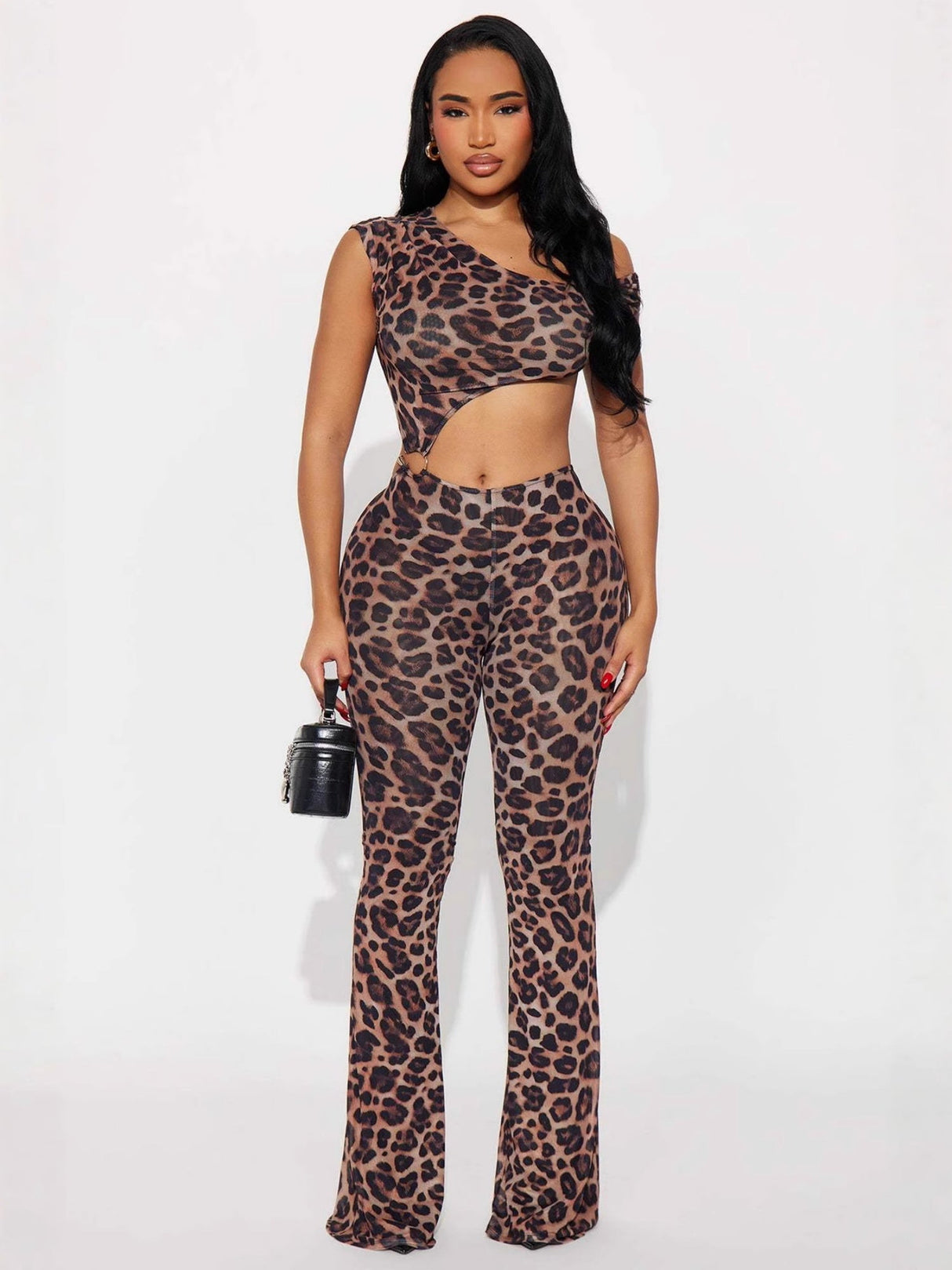 Leopardenmuster-Jumpsuit &amp; Body mit einem Träger, sexy schulterfreiem Schnitt und bauchfreiem Metalldekor