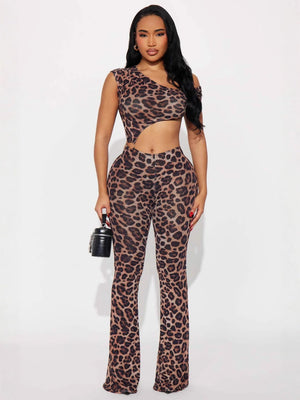 Leopardenmuster-Jumpsuit &amp; Body mit einem Träger, sexy schulterfreiem Schnitt und bauchfreiem Metalldekor