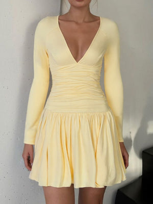 Pleated V-neck Long Sleeve Mini&Short Dresses