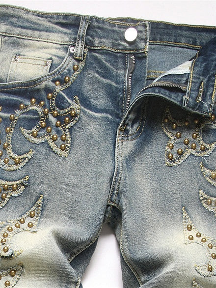 Punk Blue Slim Stretch Orange Patches Straight Flared Jeans
