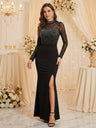 Robe maxi brillante de soirée à manches longues en résille ornée de strass thermocollants, fendue et cintrée à la taille