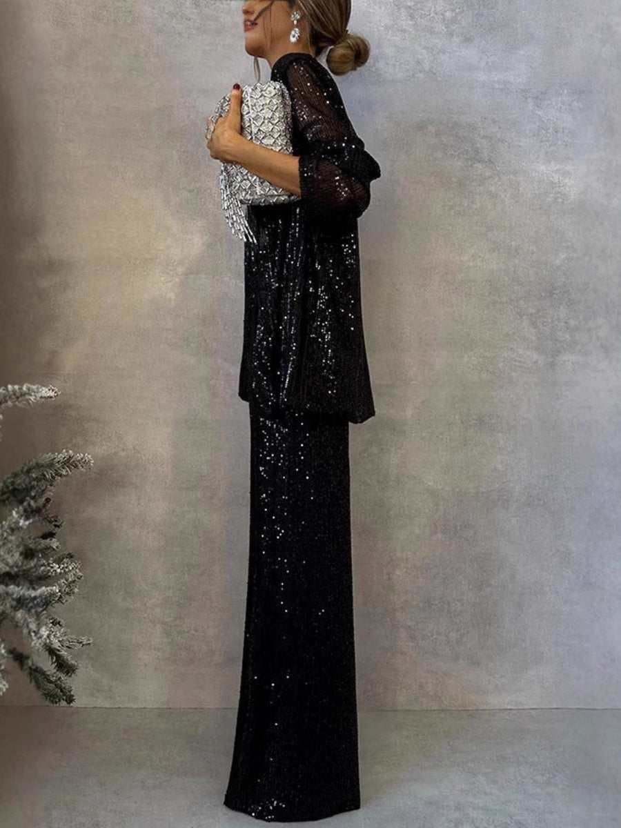 Sequins Small Suit High Waist Casual Straight Leg Pants 2-piece Sets